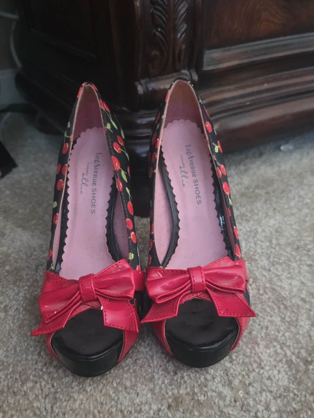 Leg Avenue Cherry Print Peep-Toe Pumps in Red